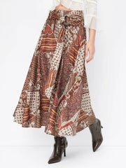 Floral Mid Rise Tribal Print Belted Flared Maxi Skirt