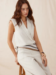 Linen-blend Striped Notched Collar Sleeveless Blouse Bodysuit