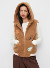 Fleece Marine Life Graphic Hooded Embroidery Zip Through Vest