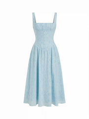 Cotton Broderie Anglaise Sculptural Square Neck Cut Out Flared Maxi Dress