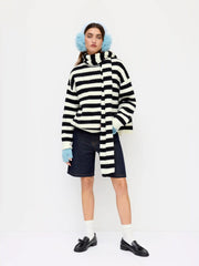 Knit Round Neck Striped Oversized Sweater Top With Scarf
