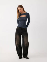 Textured Round Neck Long Sleeve Striped Cut Out Top