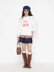 Two Tone Cotton Asymmetrical Neck Cherry Graphic Gingham Knotted Sweatshirt