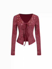 Velvet V-neck Long Sleeve Lace Up Top