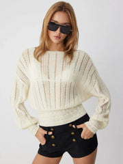 Knit Fabric Boat Neck Crochet Shirred Long Sleeve Top