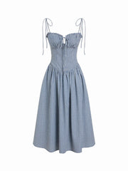 Cotton-blend Gingham Ruched Bowknot Strappy A-line Maxi Dress