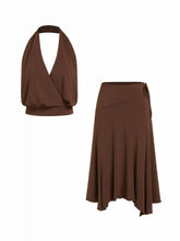 Halter Neckline Top & Low Rise Asymmetrical Hem Flared Midi Skirt Set