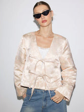 Jacquard Floral V-neck Bowknot Tie Oversized Puffer