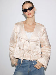 Jacquard Floral V-neck Bowknot Tie Oversized Puffer