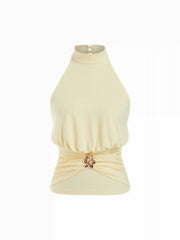 Halter Neckline Ruched Backless Metal Detail Top