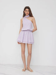 Asymmetrical Neck Mental Detail Belted Layered Mini Dress With Scarf