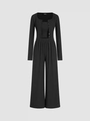 U-neckline Button Solid Cardigan & Crop Tank Top & Elastic Waist Trousers Matching Set