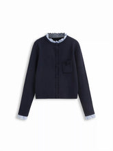 Knit Plaid Round Neck Long Sleeve Ruffle Trim Button Cardigan