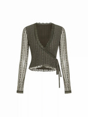 Lace V-Neck Wrap Long Sleeve Top