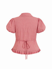 Cotton-blend Gingham Knotted Ruffle Hem Puff Sleeve Blouse Curve & Plus