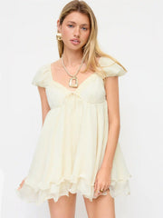 Chiffon Sweetheart Puff Sleeve Ruffled Knotted Babydoll Mini Dress
