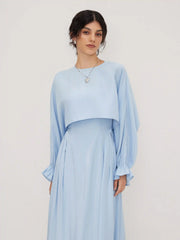Cotton-blend Ruffle Slip Maxi Dress With Round Neckline Shirred Sleeve Blouse