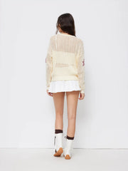 Knit Crochet 08 Star Graphic Hollow Out Oversized Long Sleeve Top