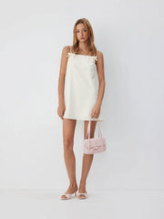 Linen-blend Square Neck Bowknot Oversized Smock Mini Dress