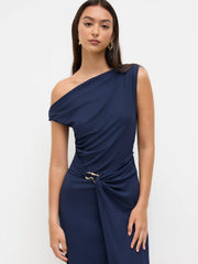 Asymmetrical Neck Wrap Metal Detail Ruched Midi Dress