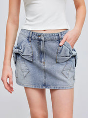 Denim Low Rise Solid Bowknot Mini Skirt