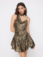 Leopard Print Asymmetrical Neck Ruched Layered Mini Dress