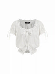 Cotton-blend Square Neck Puff Sleeve Lace Panel Blouse