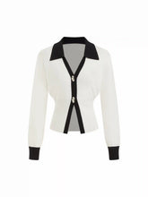 Knit Collar Two Tone Cardigan With Metal Buttons