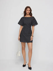 Polka Dot Boat Neck Ruffle Sleeve Knotted A-line Mini Dress