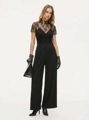 Lace See-through Top & V Neck Wide Leg Jumpsuit