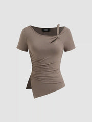 Asymmetrical Neck Cut Out Ruched Split Top