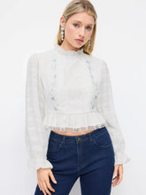 Cotton-blend Round Neckline Lace Panel Floral Lantern Sleeve Blouse