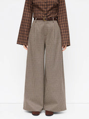 Jacquard Low Rise Houndstooth Pleated Wide Leg Trousers With Belt