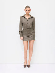 Collar Houndstooth Ruched Zipper Mini Dress