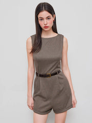 Boat Neck Houndstooth Romper With Belt