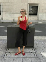 Cotton-blend Halter Neck Ruched Asymmetrical Hem Top