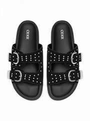 STUDDED DOUBLE BAND BUCKLE SLIPPERS