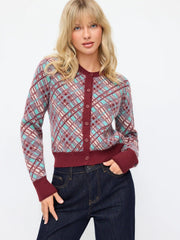 Knit Jacquard Checks Contrasting Binding Cardigan