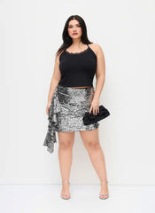 Sequins Mid Rise Ruffle Hem Micro Mini Skirt Curve & Plus
