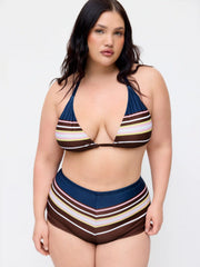 Conjunto de bikini triangular rayado de cuello halter de alto estiramiento Curvy