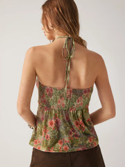 Floral Halter Neckline Metal Button Shirred Top