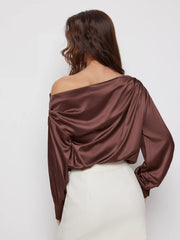 Satin Asymmetrical Neck rRuched Blouse Bodysuit