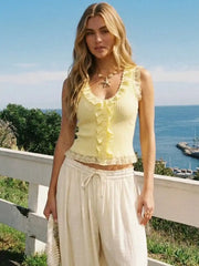 Cotton-blend V-neck Lace Trim Ruffled Tank Top