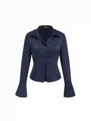 Satin Collar Button Long Bell Sleeve Shirt