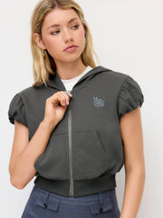 Terry Snail Embroidery Puff Sleeve Zip Through Crop Hoodie