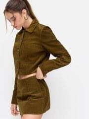 Corduroy Collar Button Roll-up Sleeve Jacket