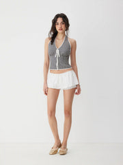 Gingham Halter Neck Lace Trim Bowknot Slim Crop Top