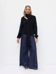 Knit V-neck Button Long Sleeve Oversized Top With Scarf