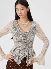 Lace V-neck Bell Sleeve Peplum Top