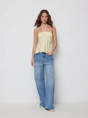Halter Neck Shirred Lace Ruched Drawstring Crop Top